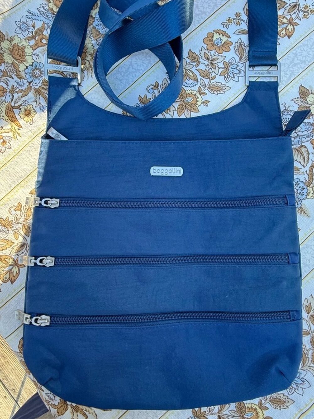 Baggallini Three Tier Travel Crossbody, Navy Nylon, Grey Inners, Rain Resistant